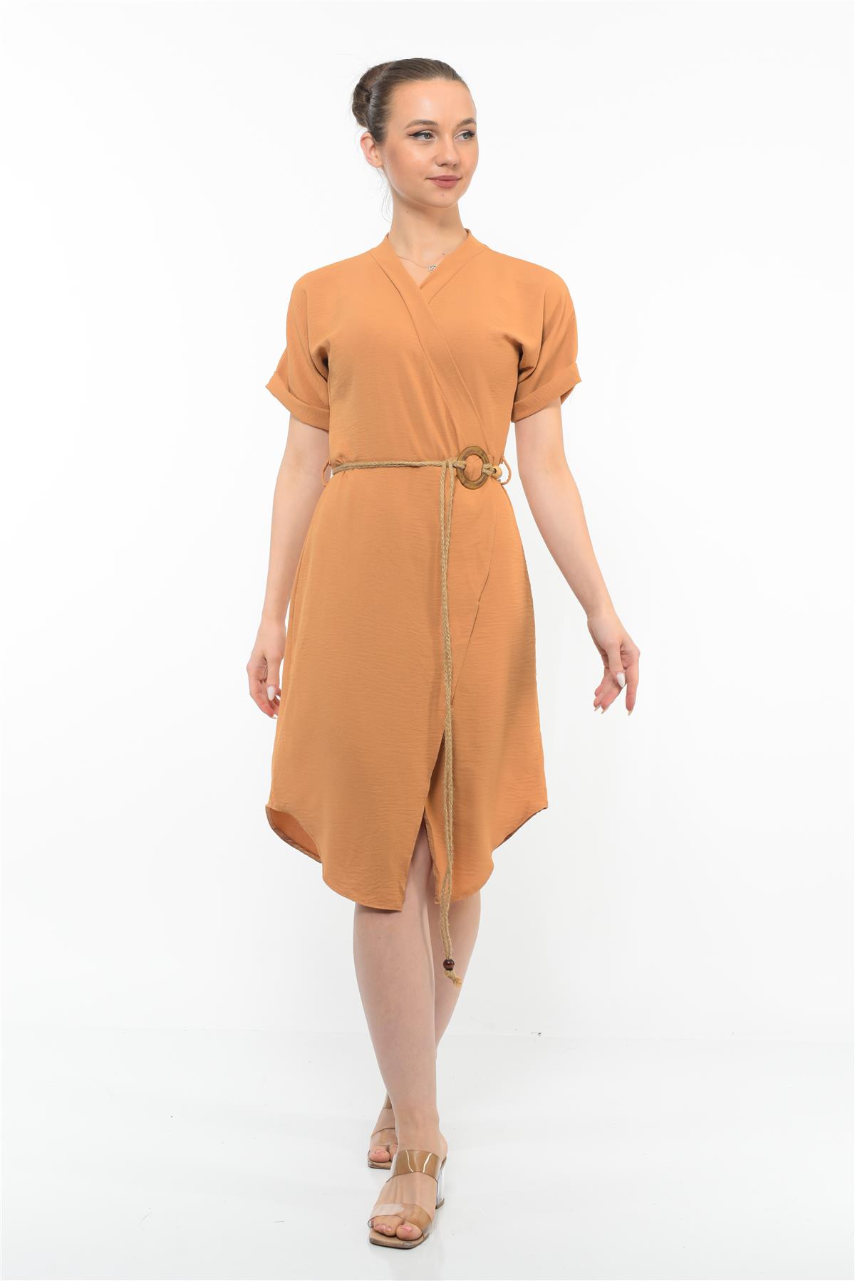 Kadın Kemer Detaylı Aerobin Elbise Taba