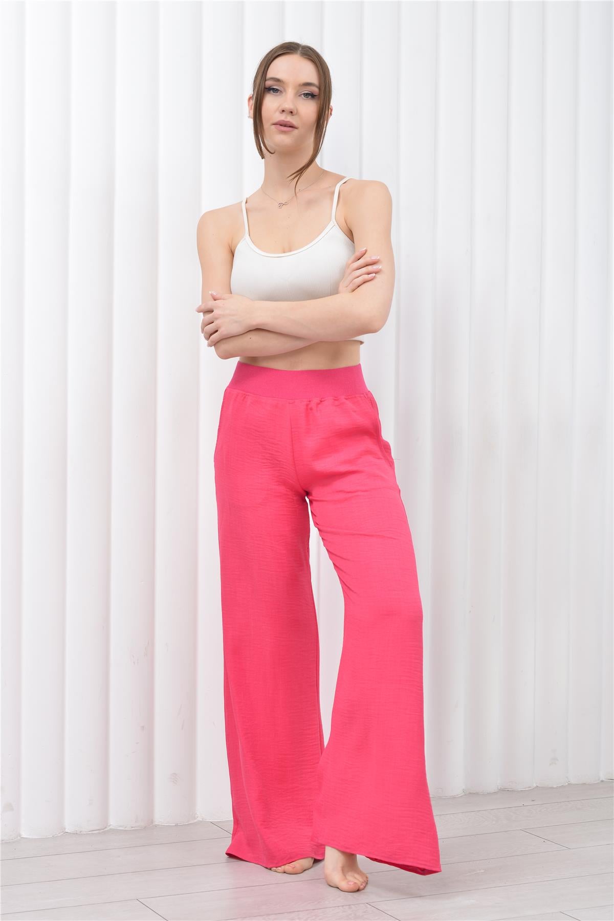 Kadın Keten Beli Lastikli Cepli Pantolon Pembe