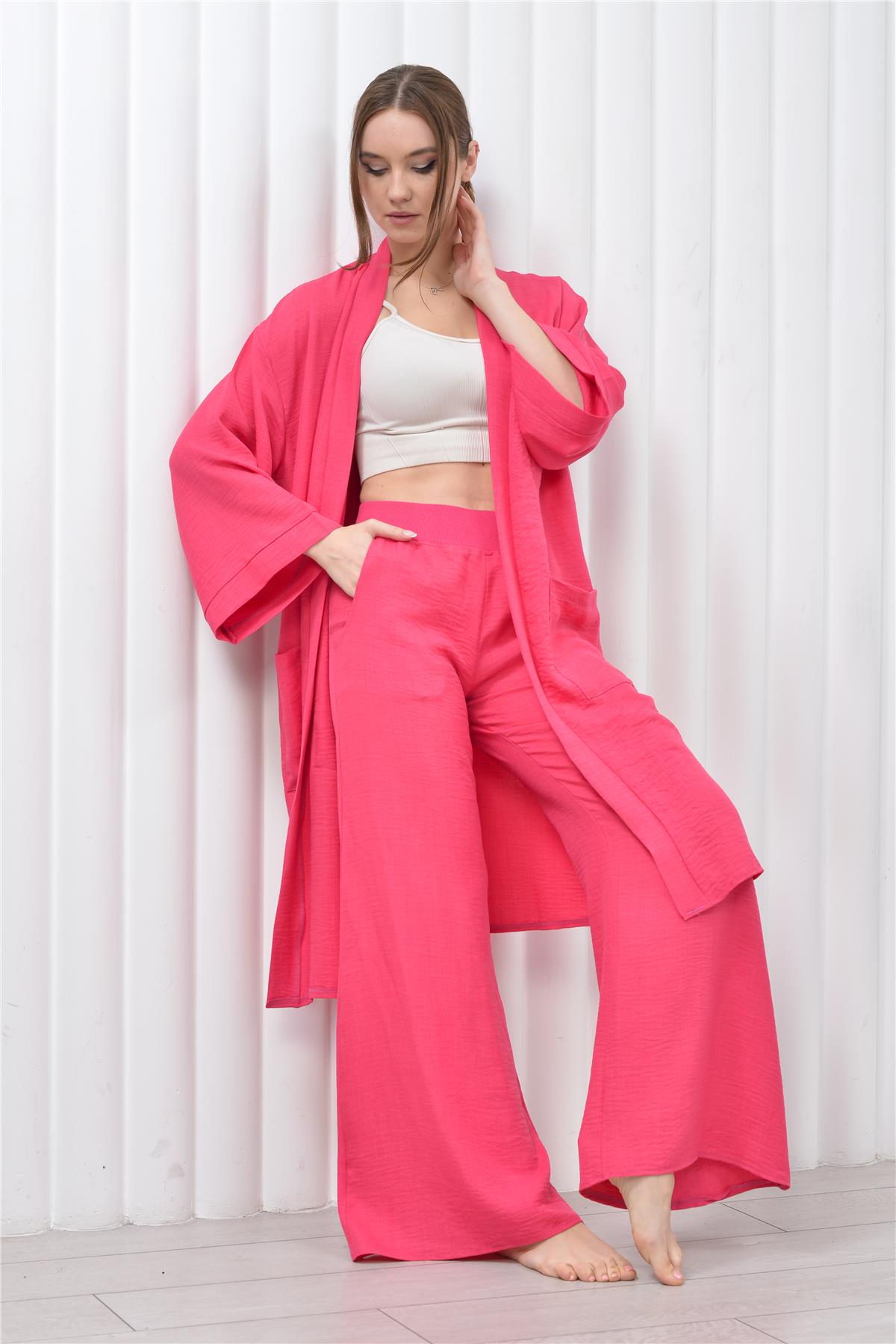 Kadın Keten Cepli Kuşaklı Uzun Kimono Pembe
