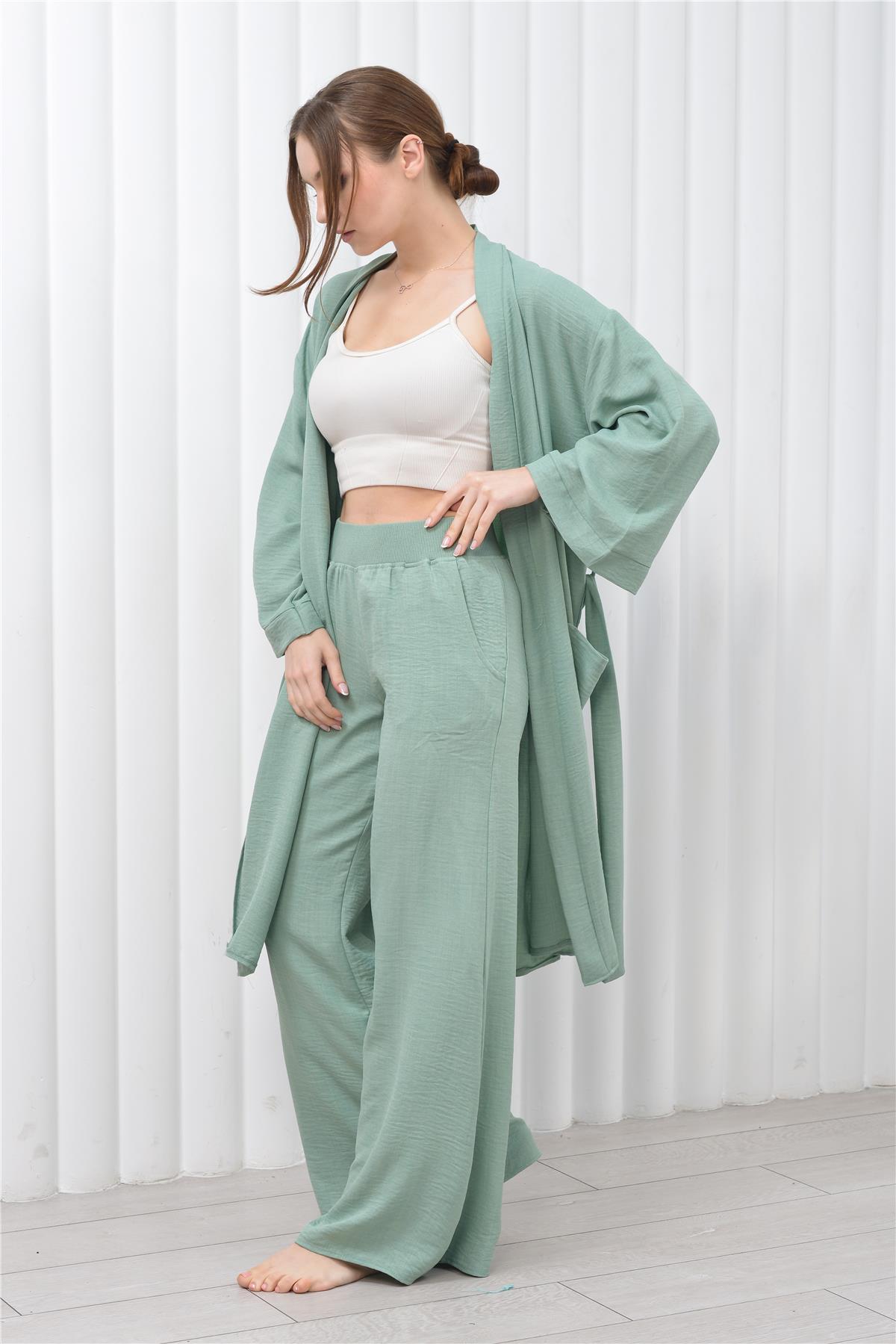 Kadın Keten Cepli Kuşaklı Uzun Kimono Su Yeşili