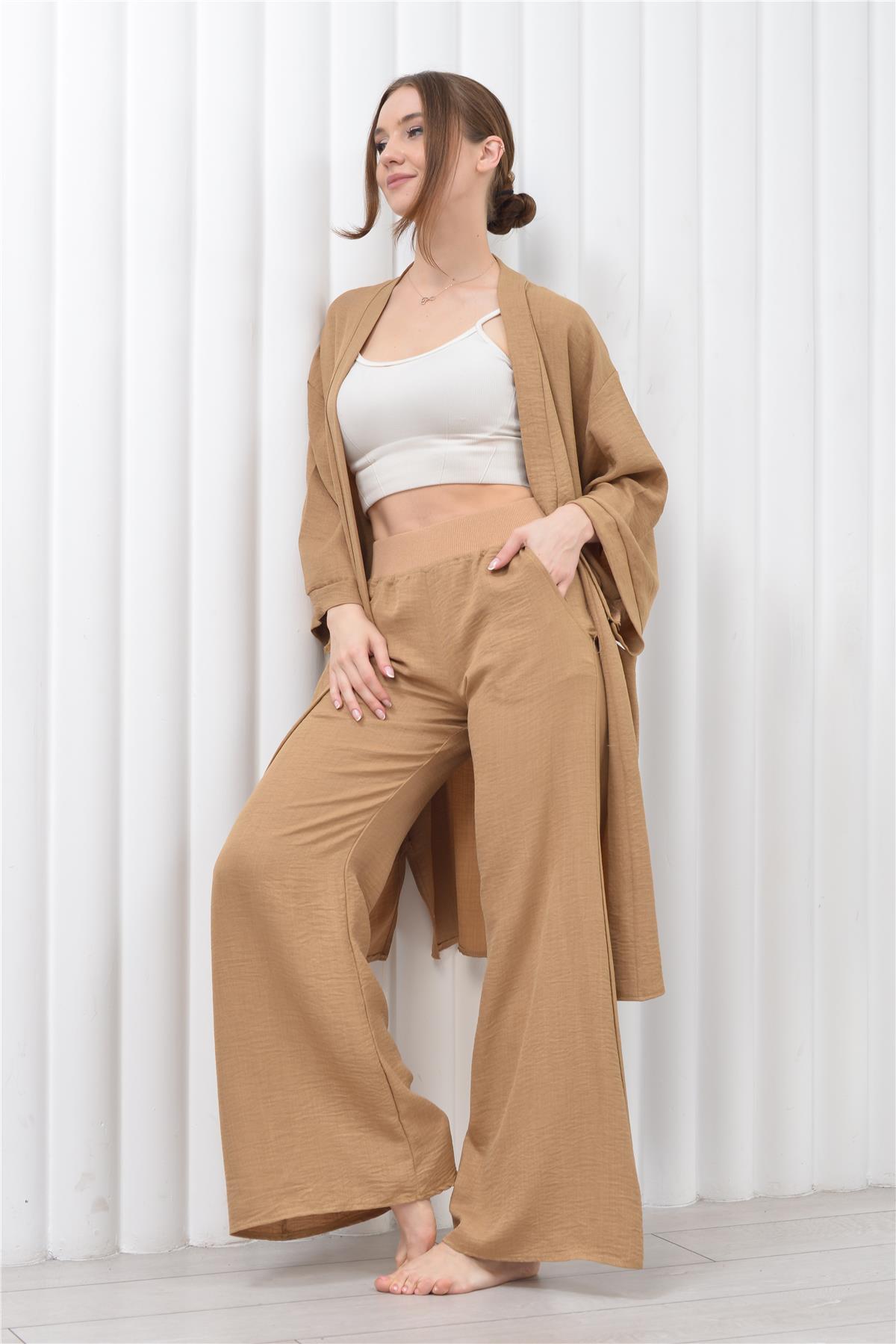 Kadın Keten Cepli Kuşaklı Uzun Kimono Aç.ık Kahve