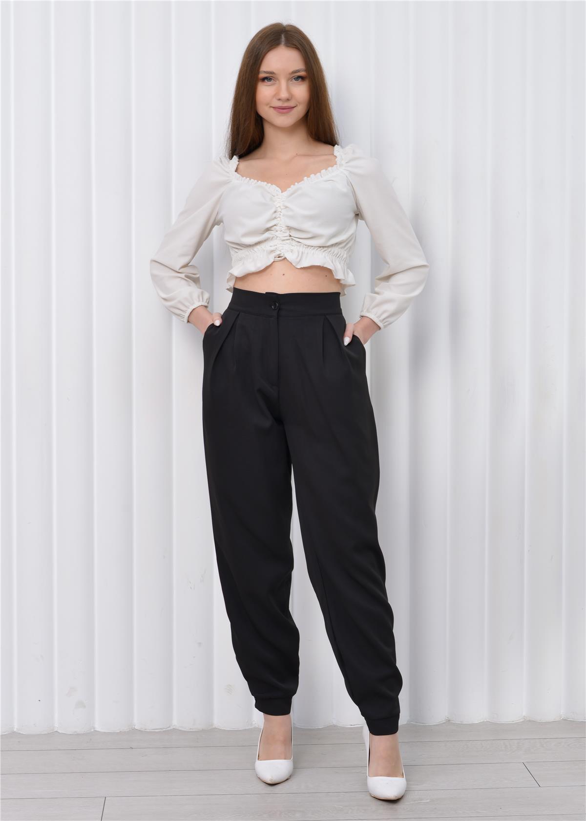 Kadın Manşet Paça Yüksek Bel Pantolon Siyah