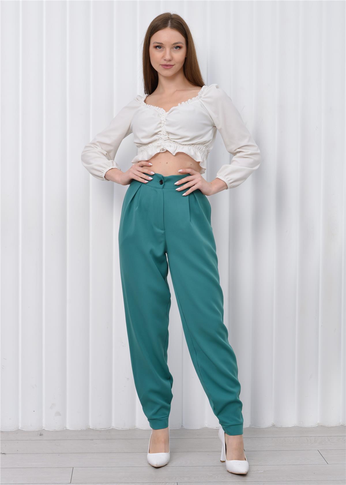 Kadın Manşet Paça Yüksek Bel Pantolon Petrol Mavisi