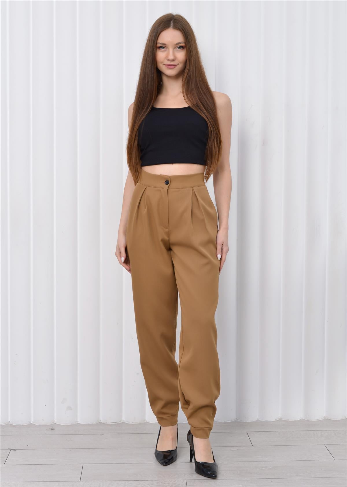 Kadın Manşet Paça Yüksek Bel Pantolon Kahve