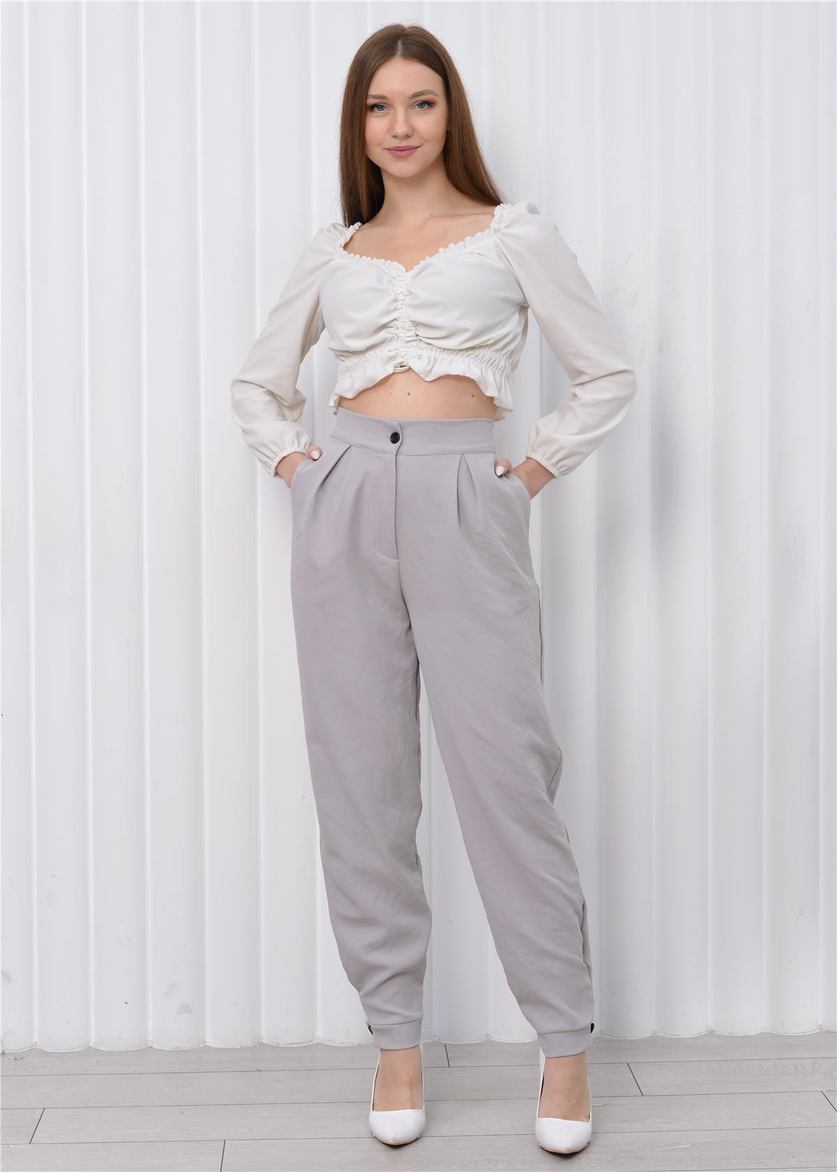 Kadın Manşet Paça Yüksek Bel Pantolon Gri