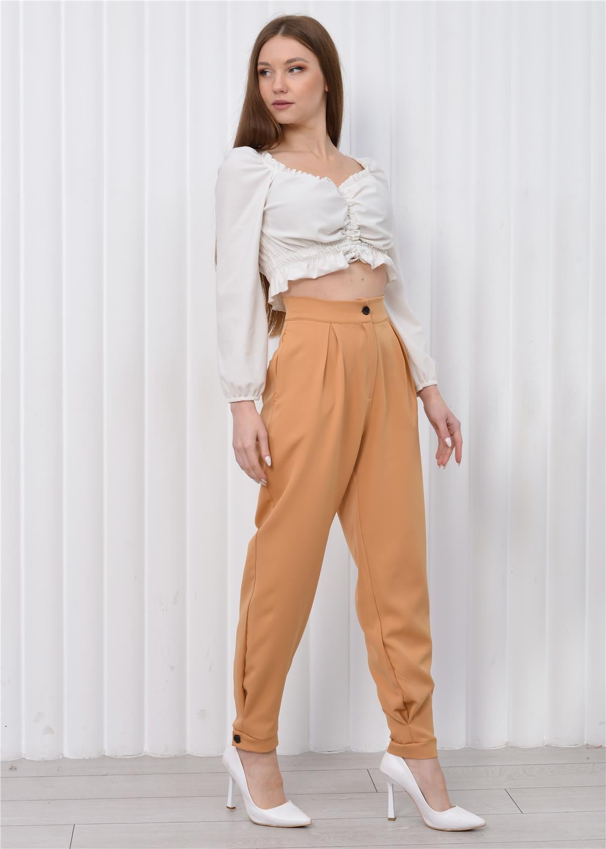 Kadın Manşet Paça Yüksek Bel Pantolon Camel