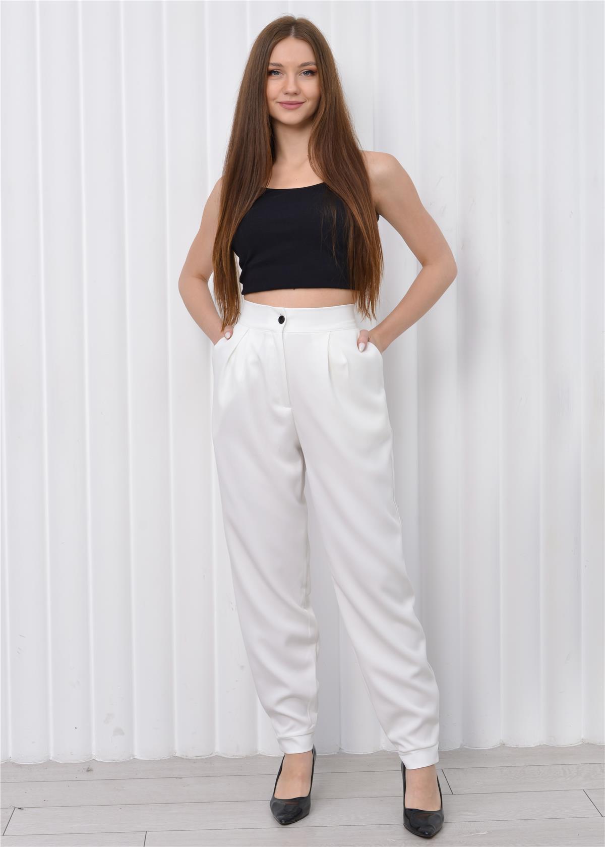 Kadın Manşet Paça Yüksek Bel Pantolon Beyaz