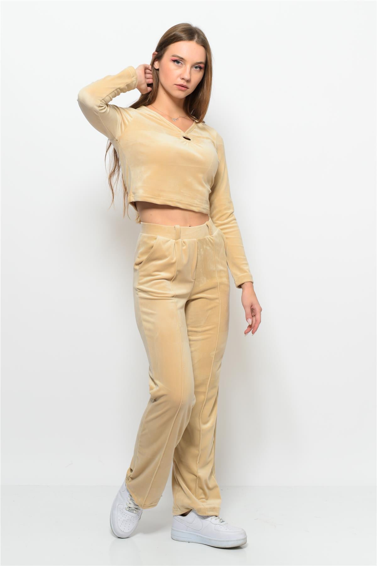 Kadın Soft Kadife Pantolon-Bluz Alt Üst İkili Takım Bej
