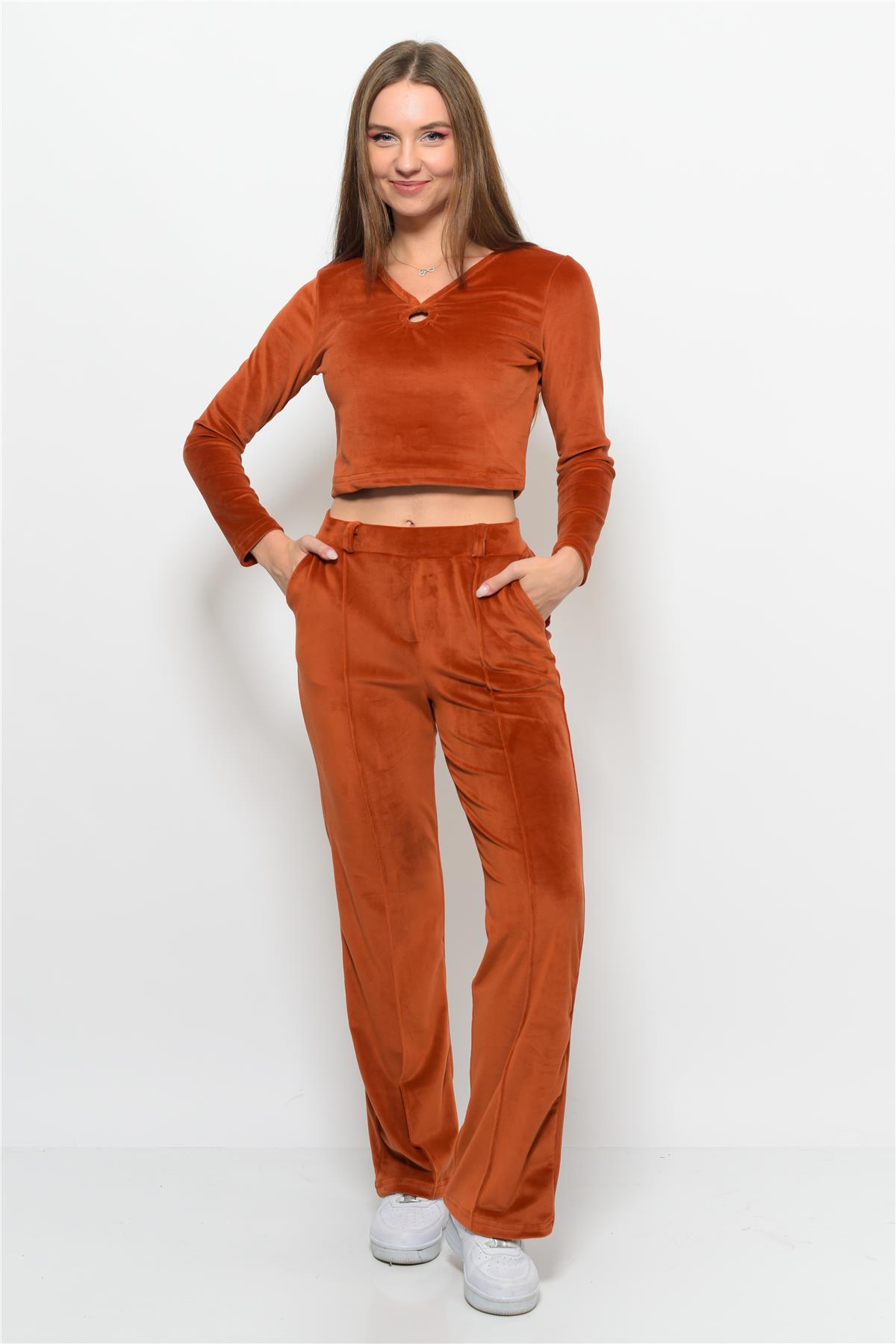 Kadın Soft Kadife Pantolon-Bluz Alt Üst İkili Takım Kiremit