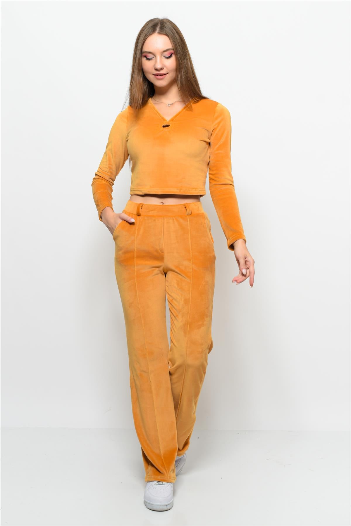 Kadın Soft Kadife Pantolon-Bluz Alt Üst İkili Takım Hardal