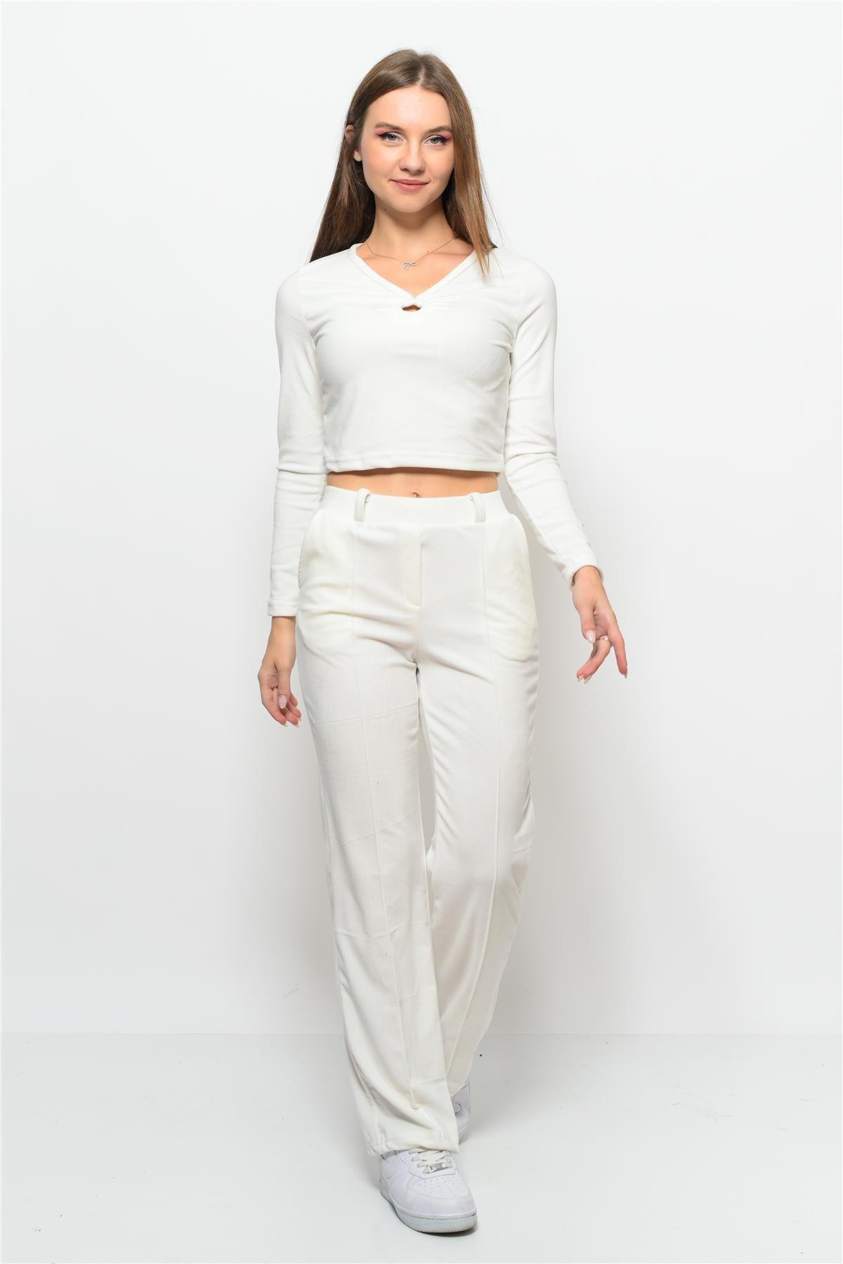 Kadın Soft Kadife Pantolon-Bluz Alt Üst İkili Takım Beyaz