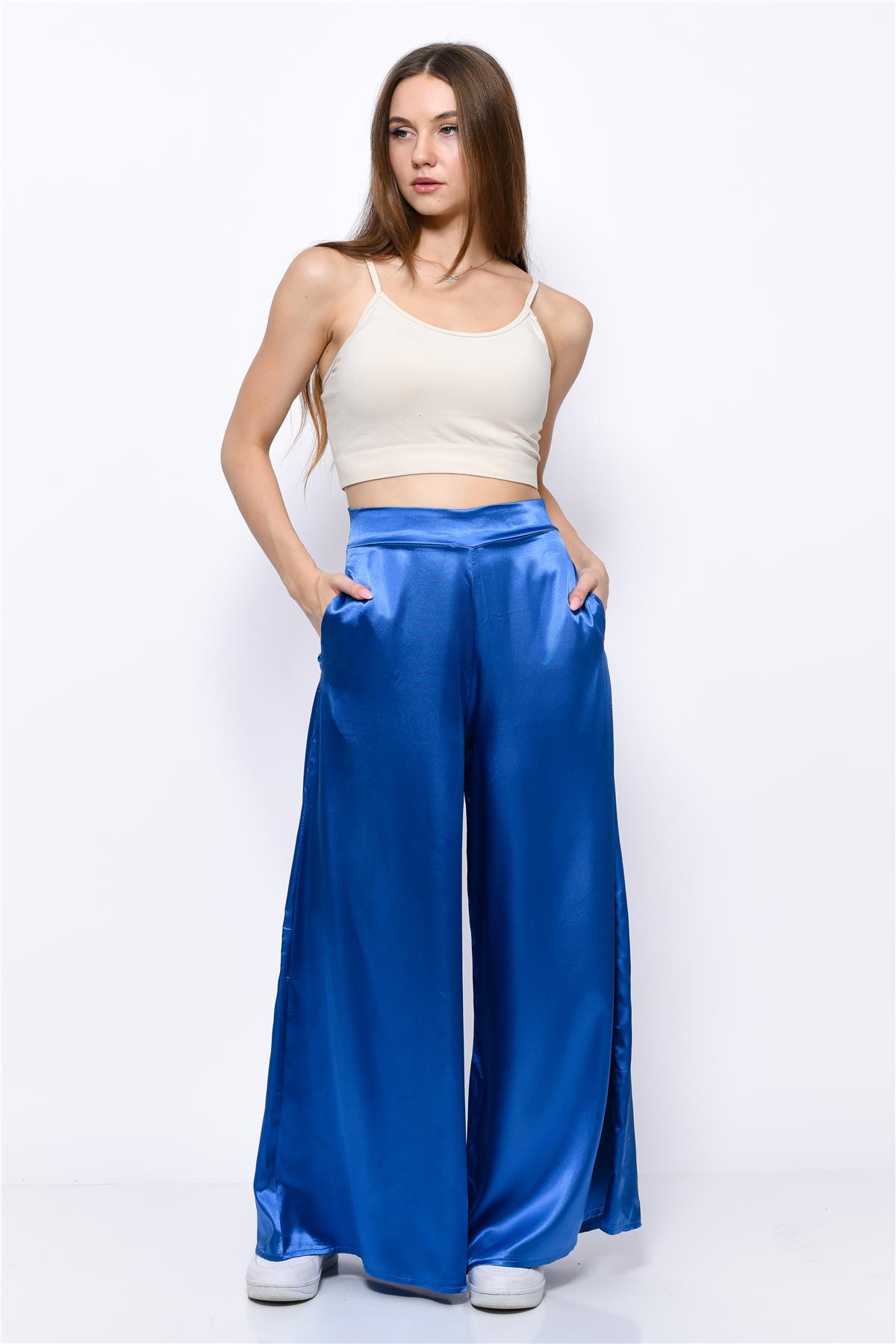 Saten Yüksek Bel İspanyol Paça Pantolon Saks