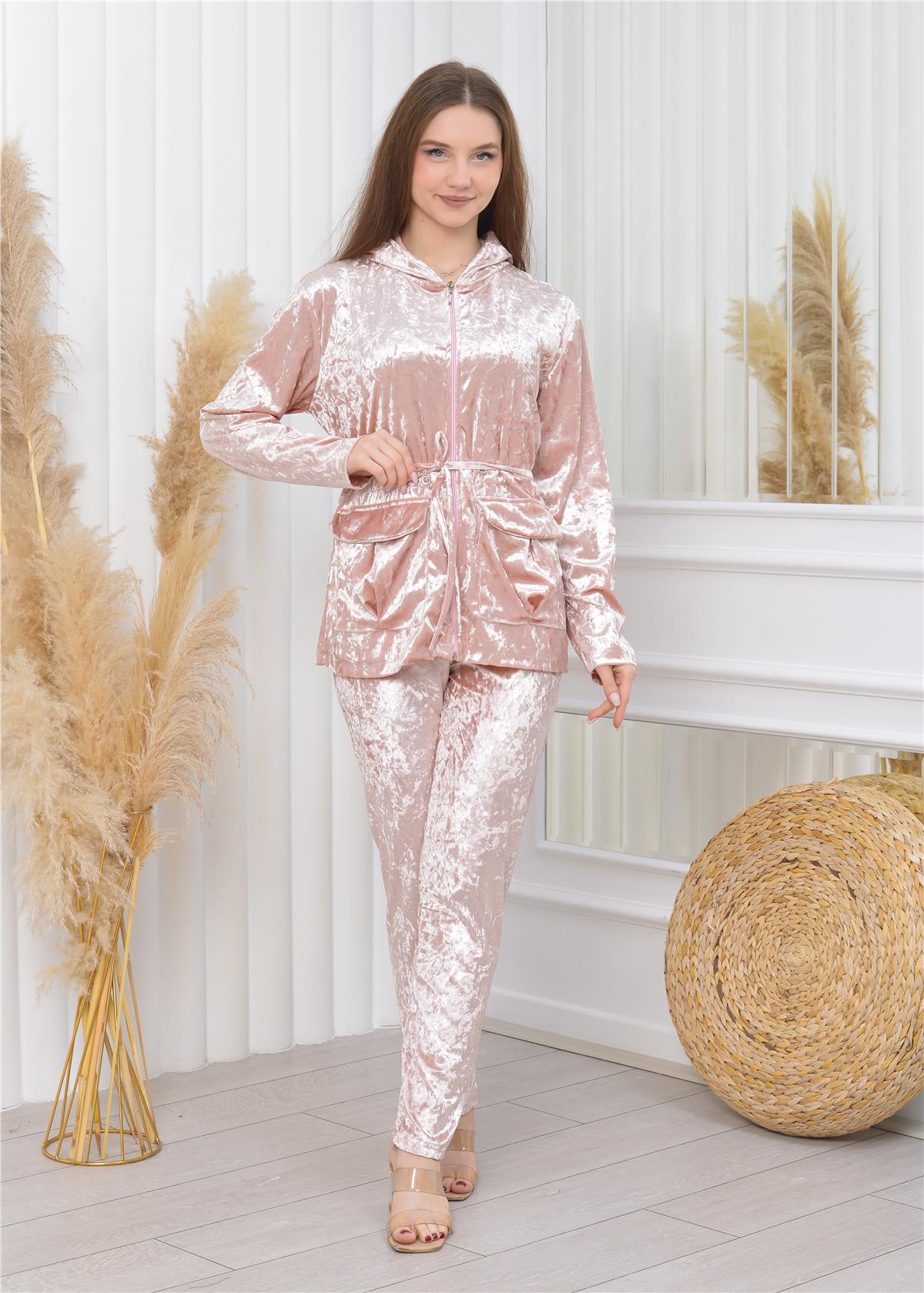 Yeni Sezon Janjanlı Kadife Cepli Takım Pudra Rengi 