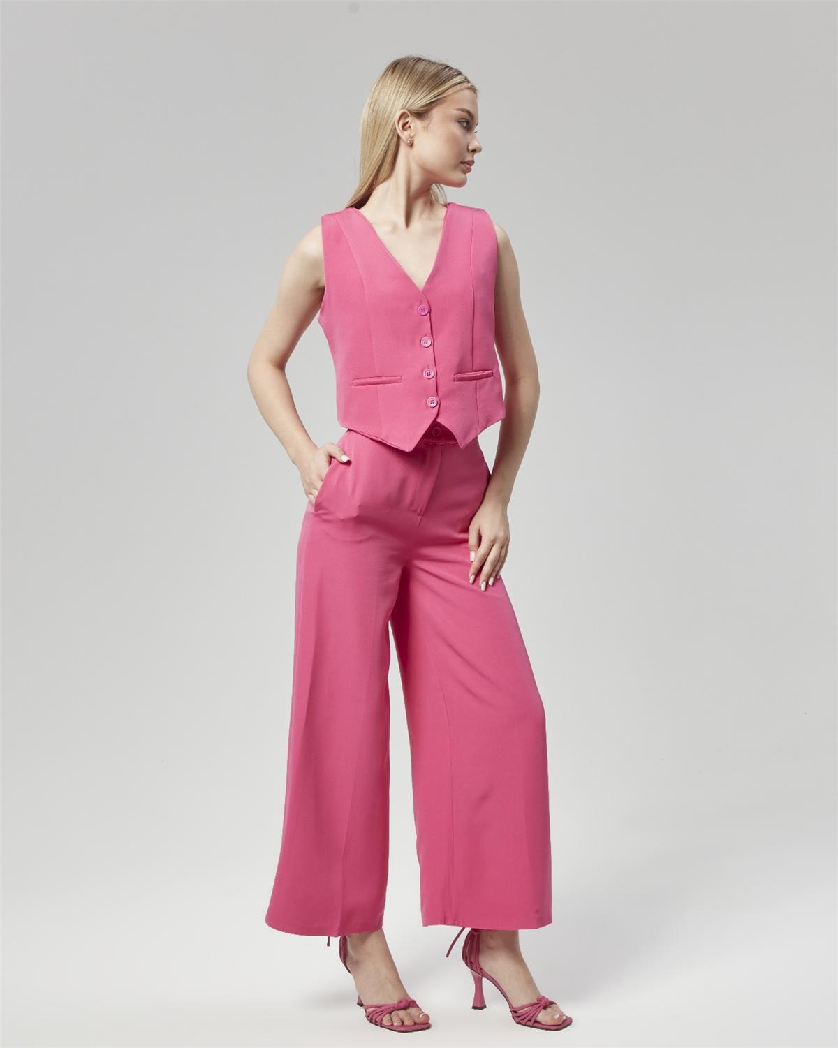 Yeni Sezon Yüksek Bel Culotte Pantolon & Yelek Pembe