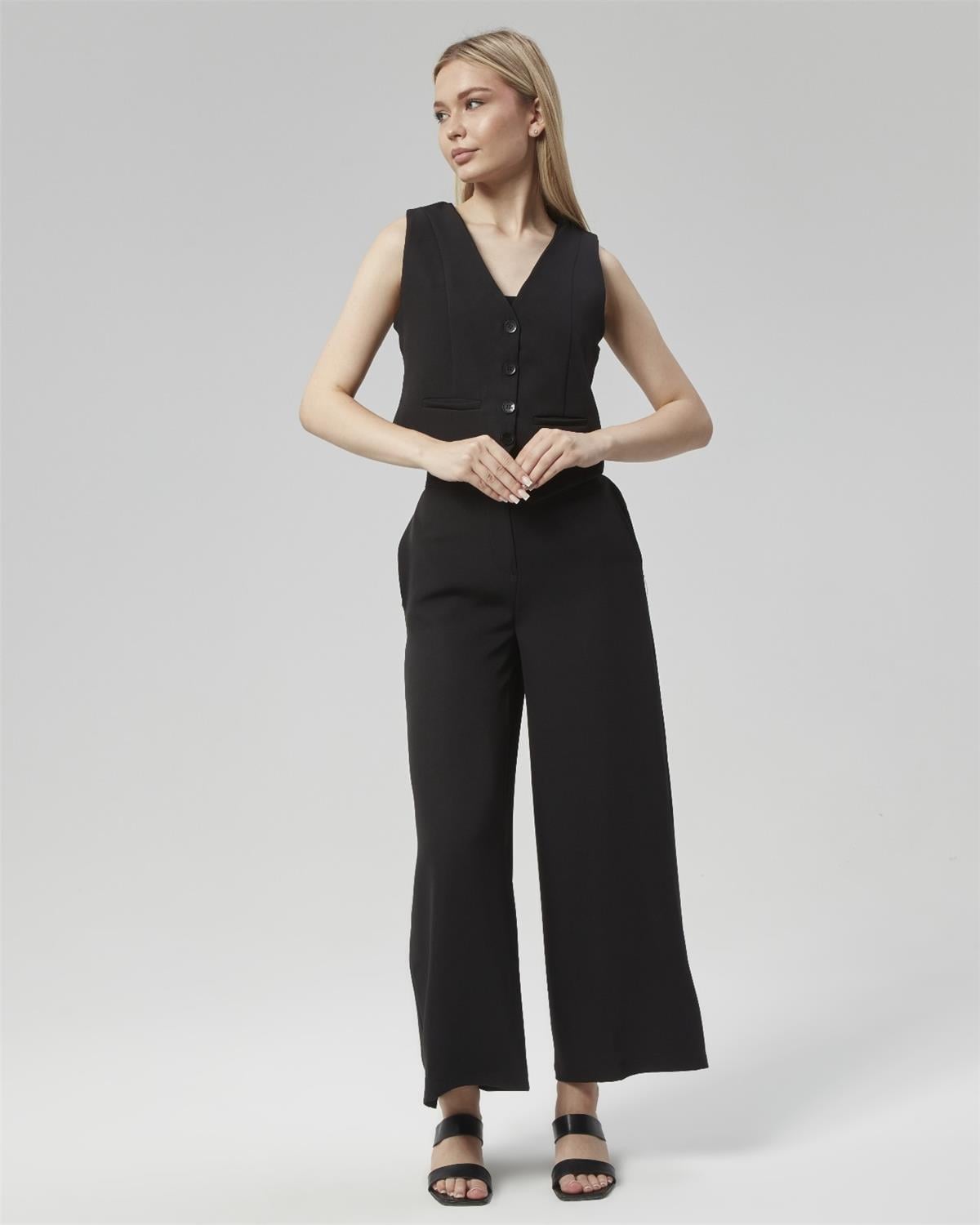 Yeni Sezon Yüksek Bel Culotte Pantolon & Yelek Siyah