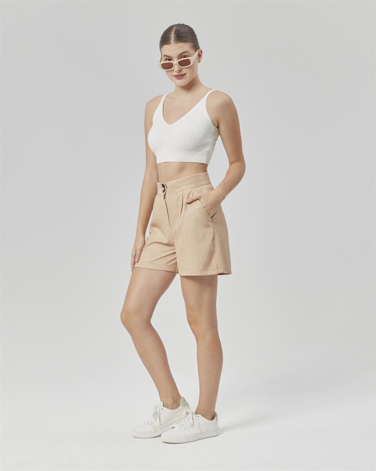 Yüksek Bel Atlantis Kumaş Bermuda Şort Bej