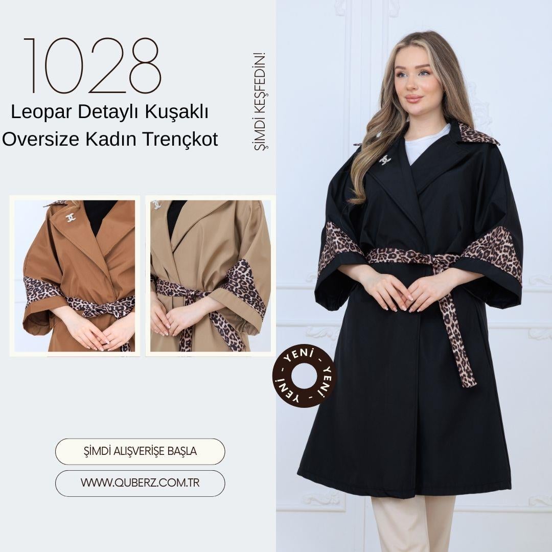 Leopar Detaylı Kuşaklı Oversize Kadın Trençkot