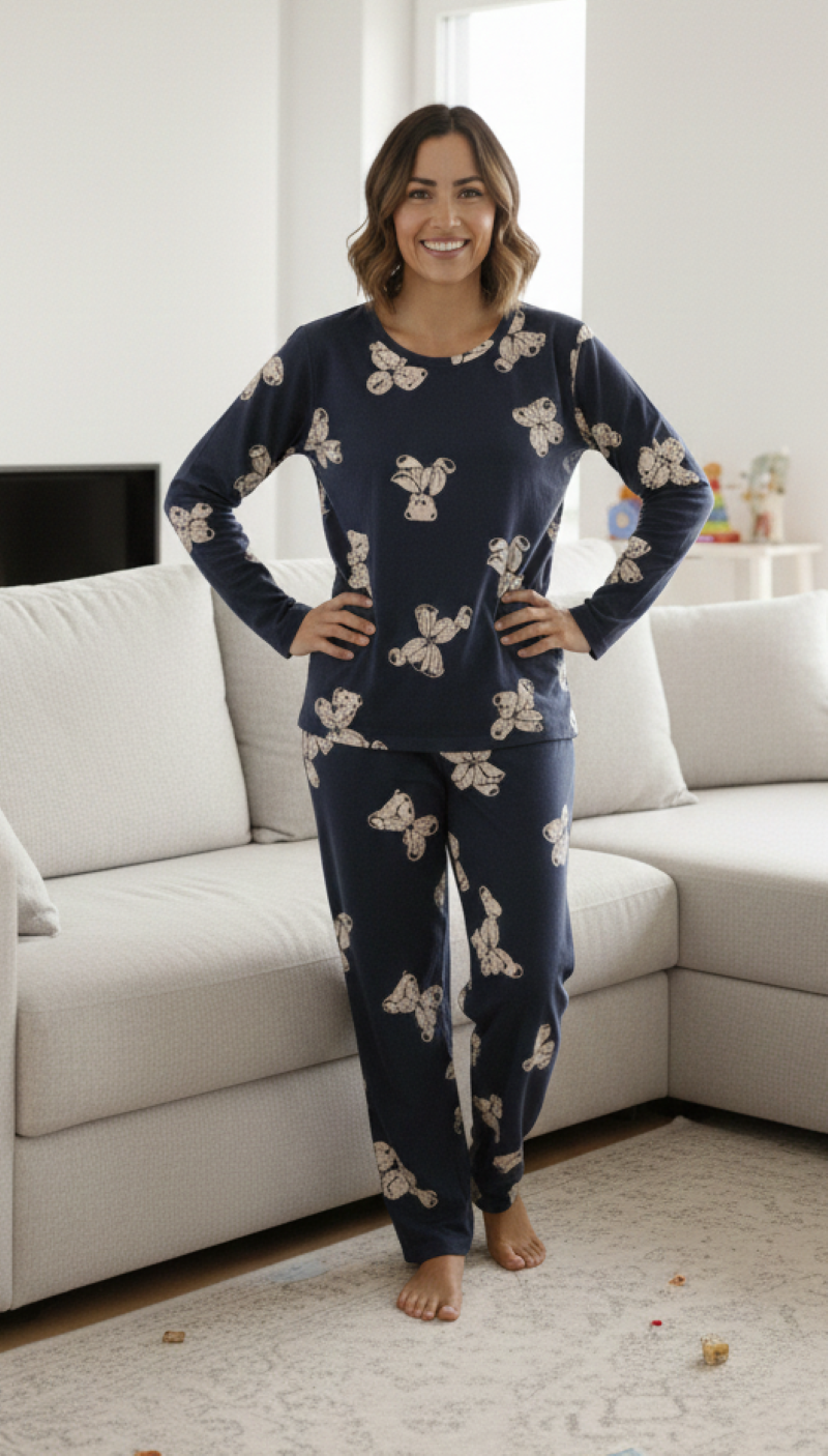Kadın Lacivet Ayıcık Desenli Pamuklu Pijama Takımı - Rahat Kesim Uzun Kollu Ev Giyim Seti