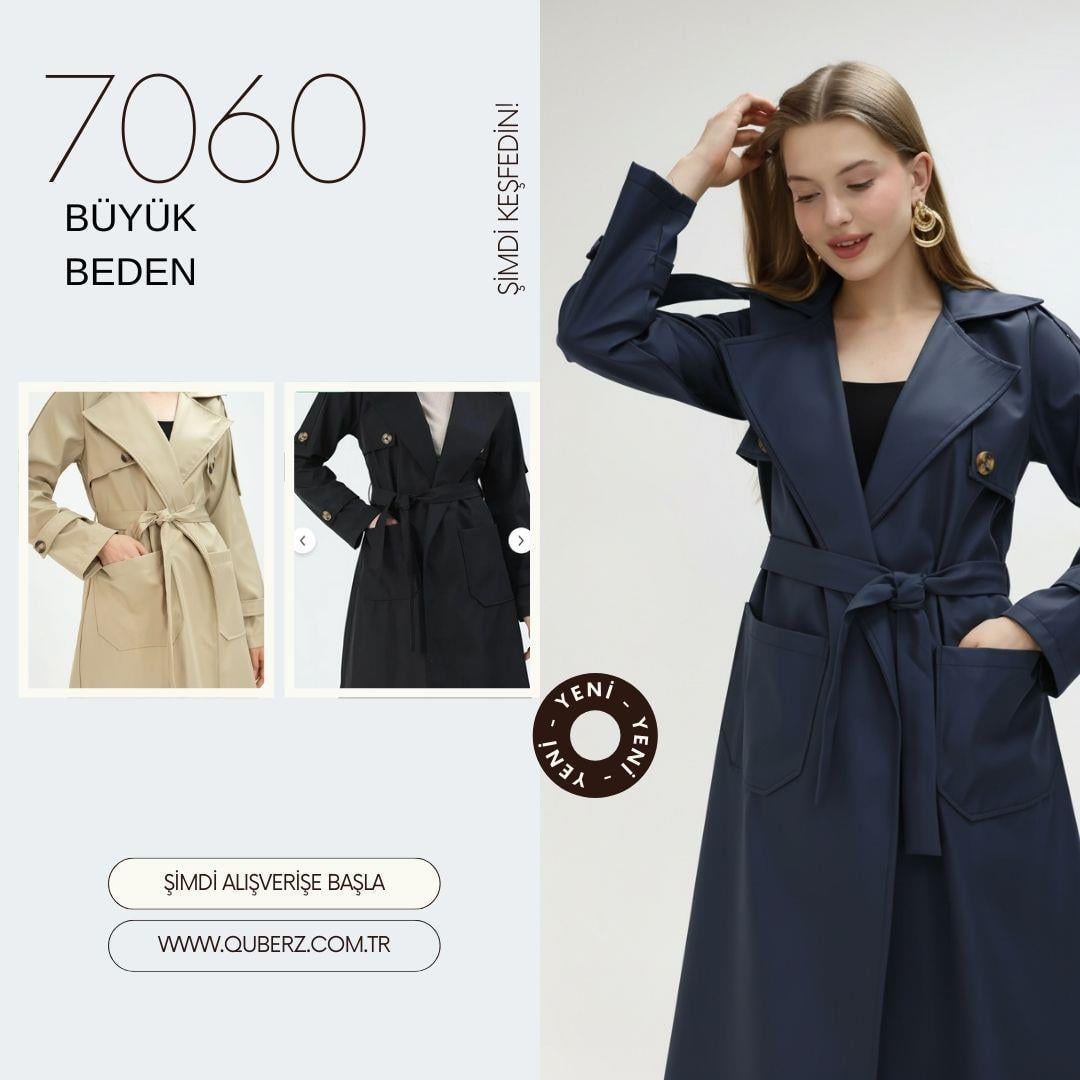 Büyük Beden Cepli Kuşaklı Trençkot