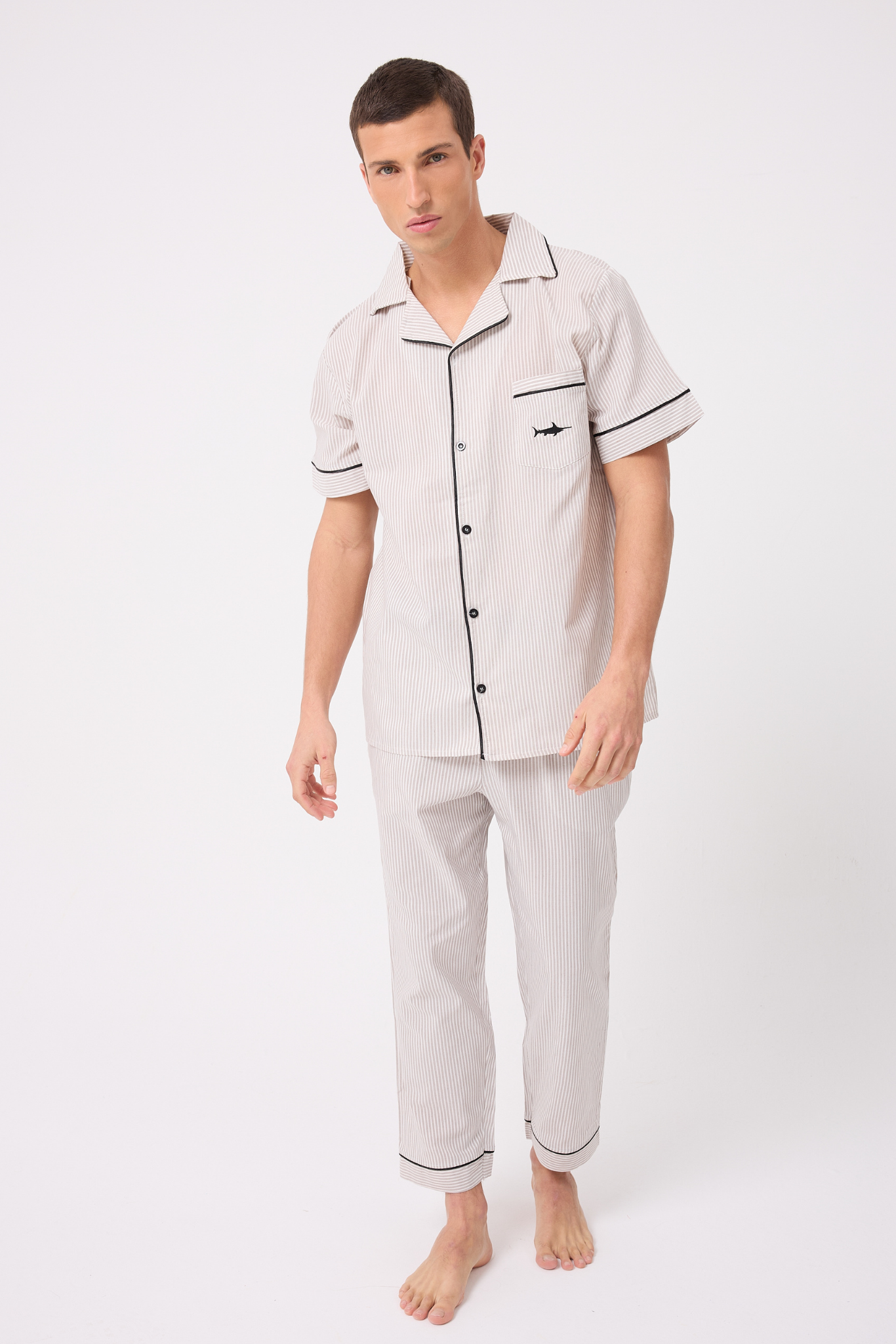 MARISILK™ SEASTRIPE Erkek Dokuma Yazlık Kısa Kollu Pantolonlu Pijama & Lounge Takımı