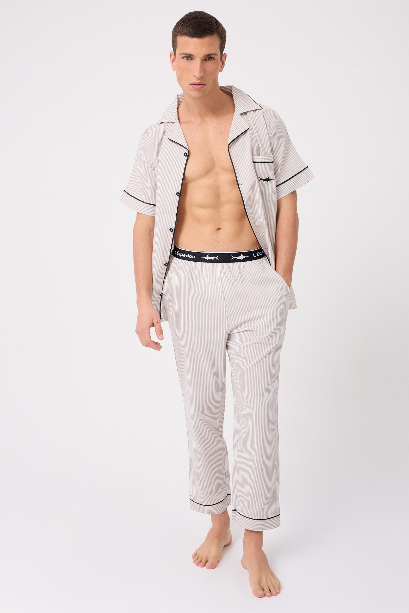 MARISILK™ SEASTRIPE Erkek Dokuma Yazlık Kısa Kollu Pantolonlu Pijama & Lounge Takımı