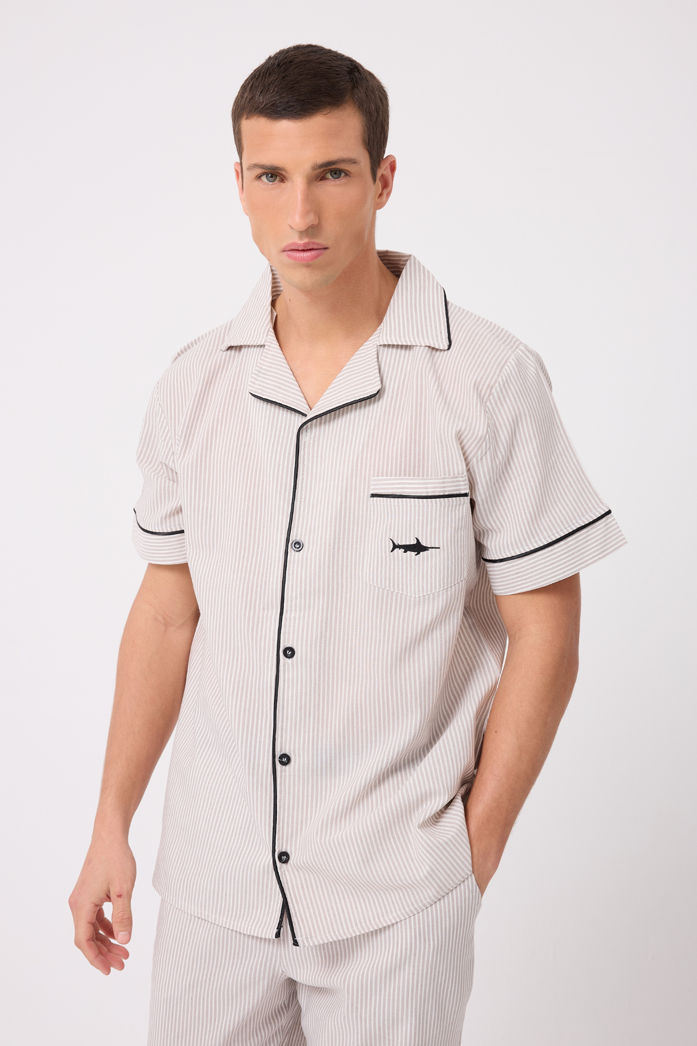 MARISILK™ SEASTRIPE Erkek Dokuma Yazlık Kısa Kollu Pantolonlu Pijama & Lounge Takımı