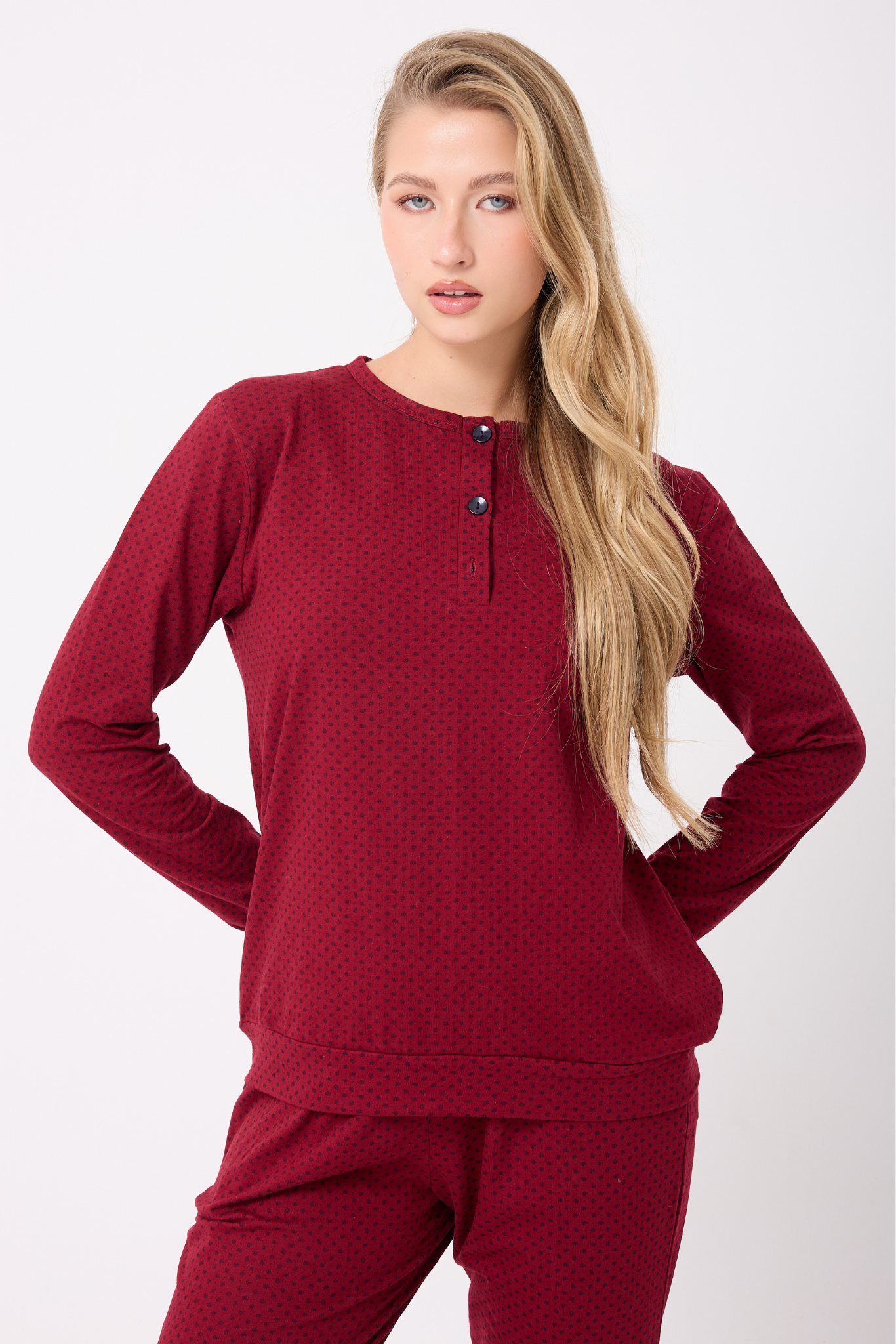 OCEAN RIPPLE™ Premium Örme Pamuk Uzun Kollu Henley & Uzun Pantolonlu Kadın Pijama Takımı