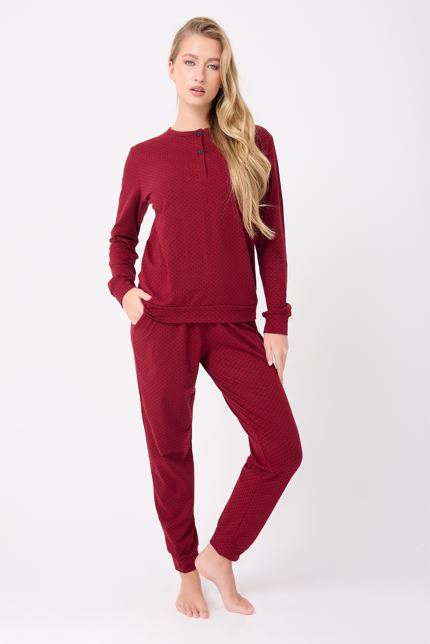 OCEAN RIPPLE™ Premium Örme Pamuk Uzun Kollu Henley & Uzun Pantolonlu Kadın Pijama Takımı