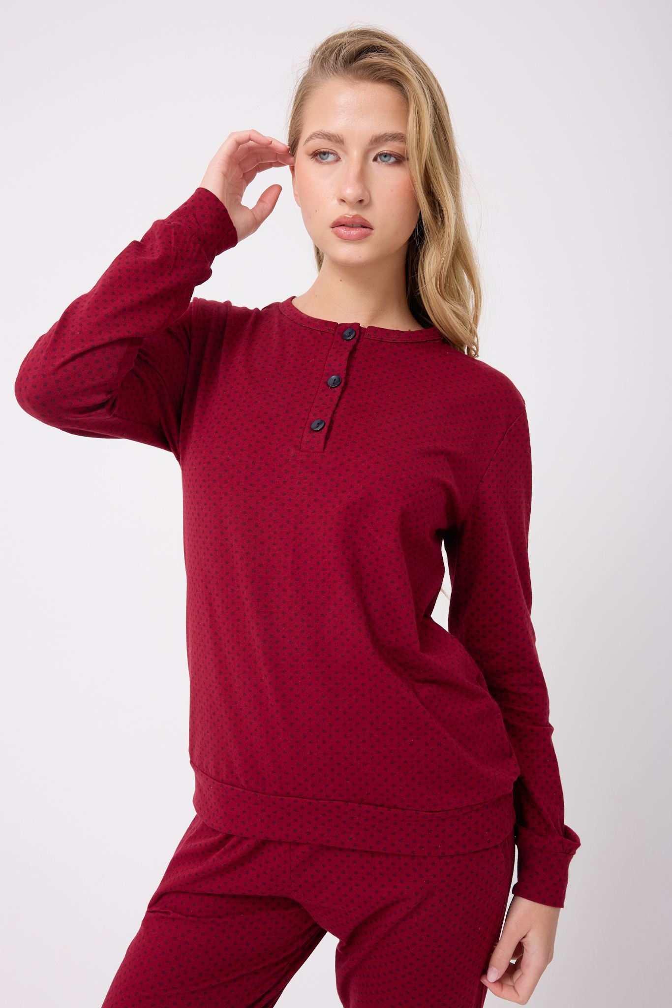 OCEAN RIPPLE™ Premium Örme Pamuk Uzun Kollu Henley & Uzun Pantolonlu Kadın Pijama Takımı