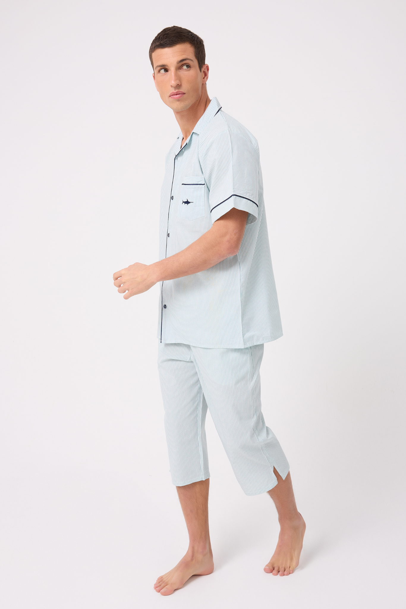 MARISILK™ SEASTRIPE Erkek Dokuma Yazlık Kısa Kollu Capri Pantolonlu Pijama & Lounge Takımı