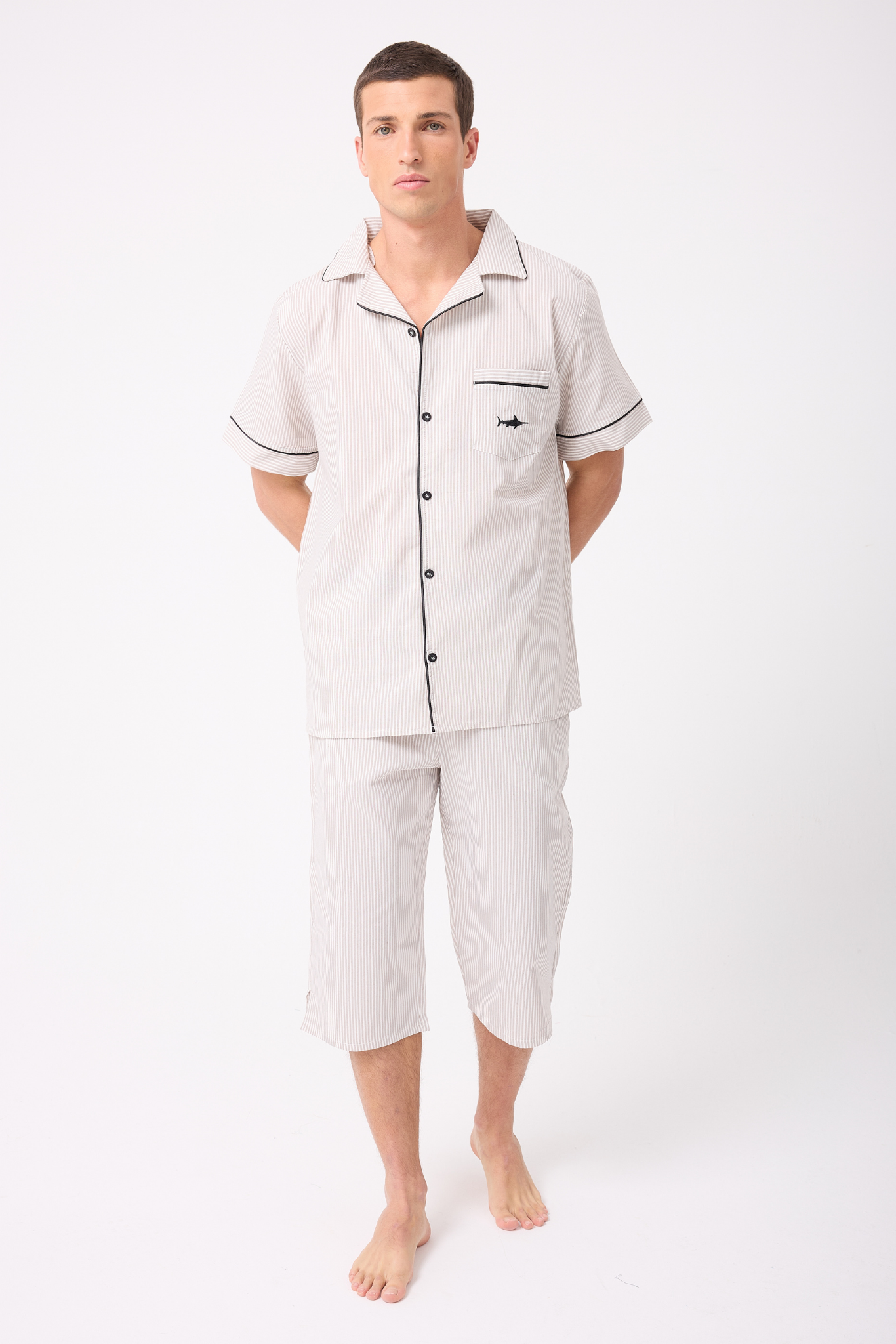 MARISILK™ SEASTRIPE Erkek Dokuma Yazlık Kısa Kollu Capri Pantolonlu Pijama & Lounge Takımı