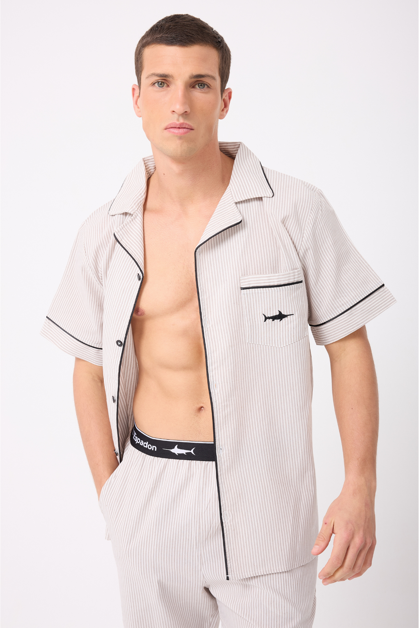 MARISILK™ SEASTRIPE Erkek Dokuma Yazlık Kısa Kollu Capri Pantolonlu Pijama & Lounge Takımı