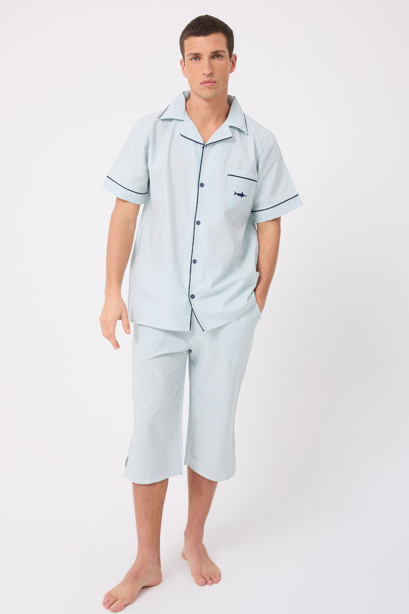 MARISILK™ SEASTRIPE Erkek Dokuma Yazlık Kısa Kollu Capri Pantolonlu Pijama & Lounge Takımı