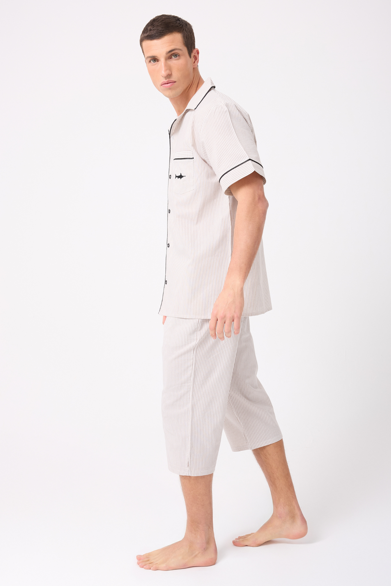 MARISILK™ SEASTRIPE Erkek Dokuma Yazlık Kısa Kollu Capri Pantolonlu Pijama & Lounge Takımı
