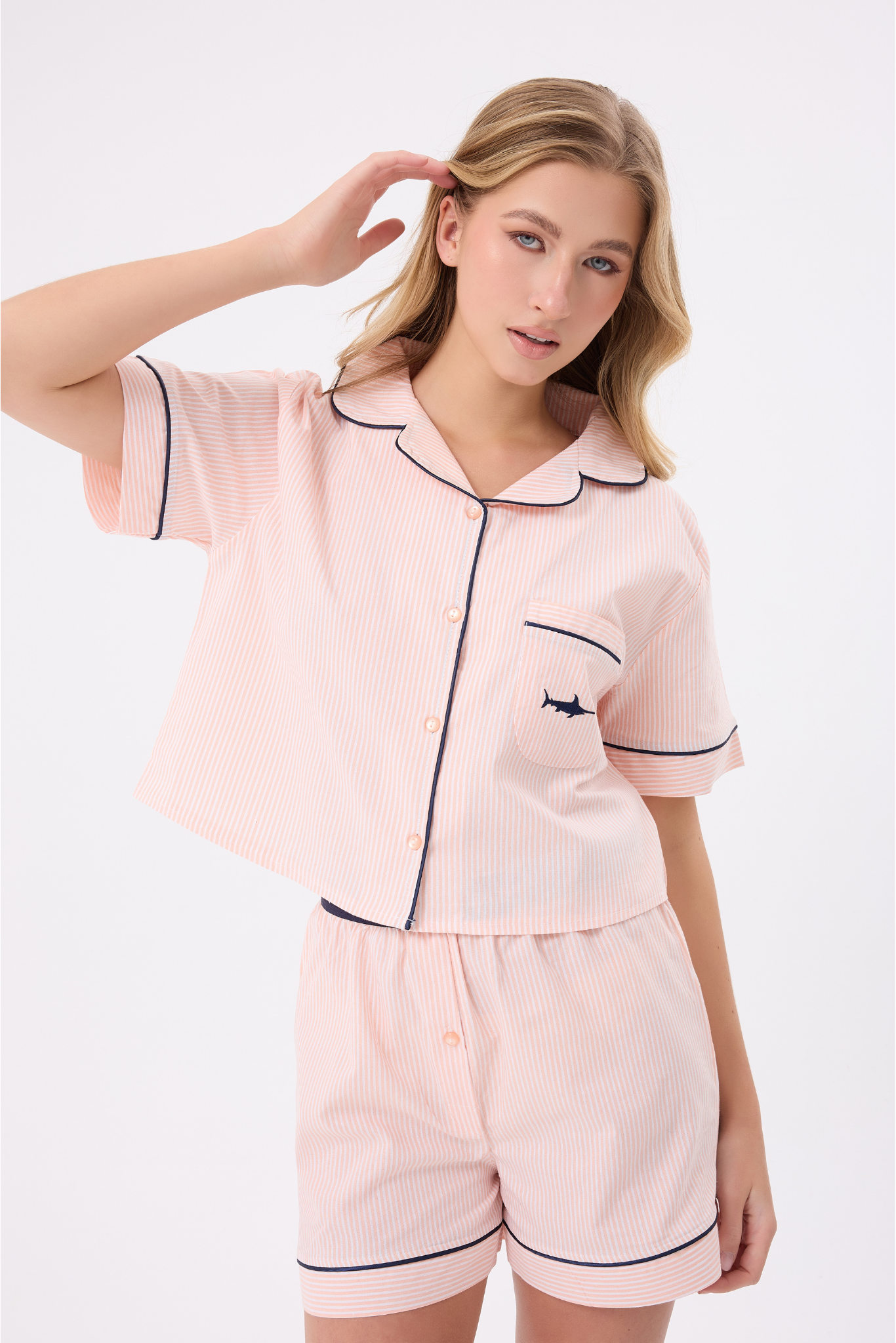 MARISILK™ SEASTRIPE Kadın Yazlık Şortlu Crop Gömlekli Pijama & Lounge Takımı