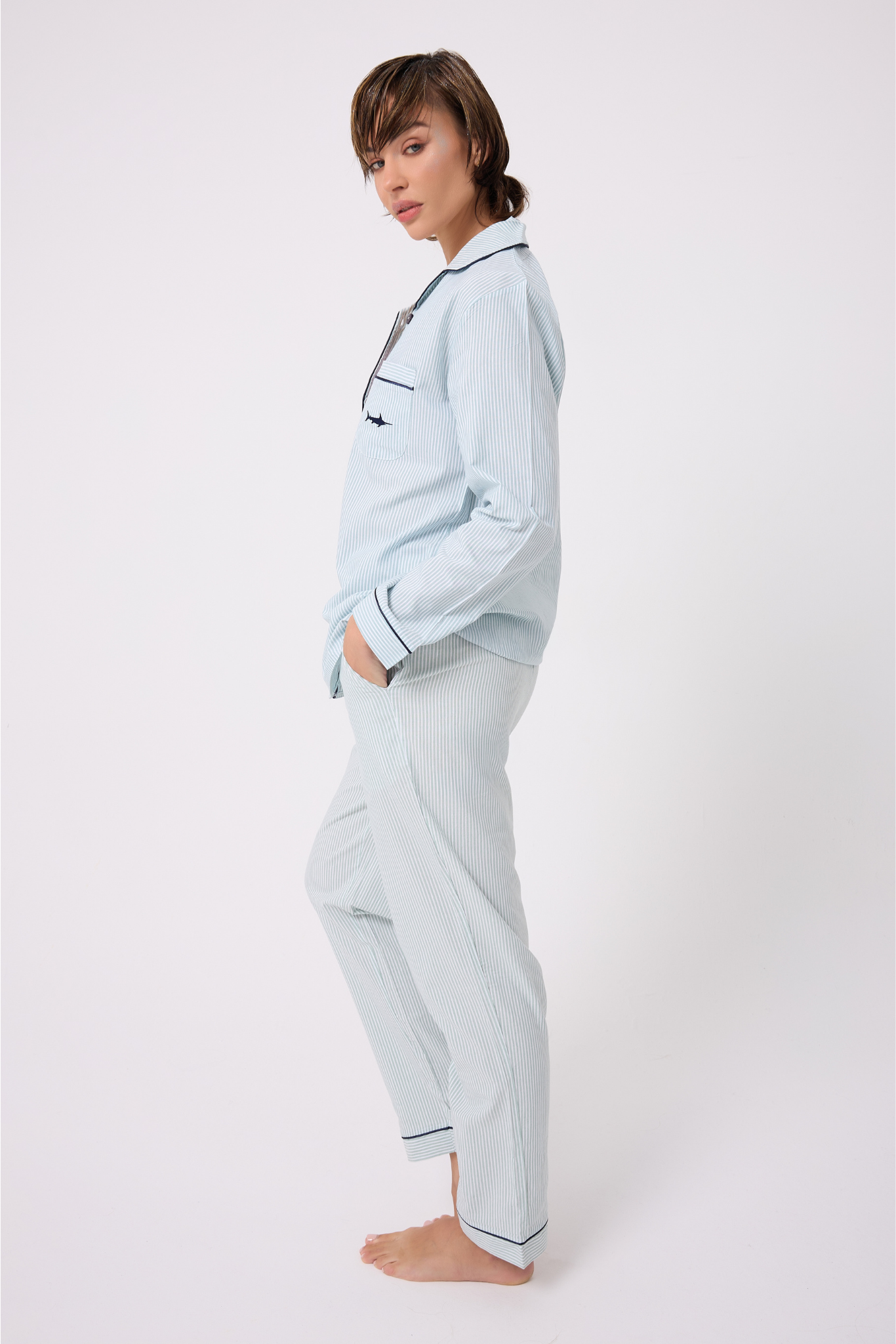 MARISILK™ SEASTRIPE Premium Dokuma Uzun Kollu Uzun Pantolonlu Kadın Pijama & Lounge Takımı