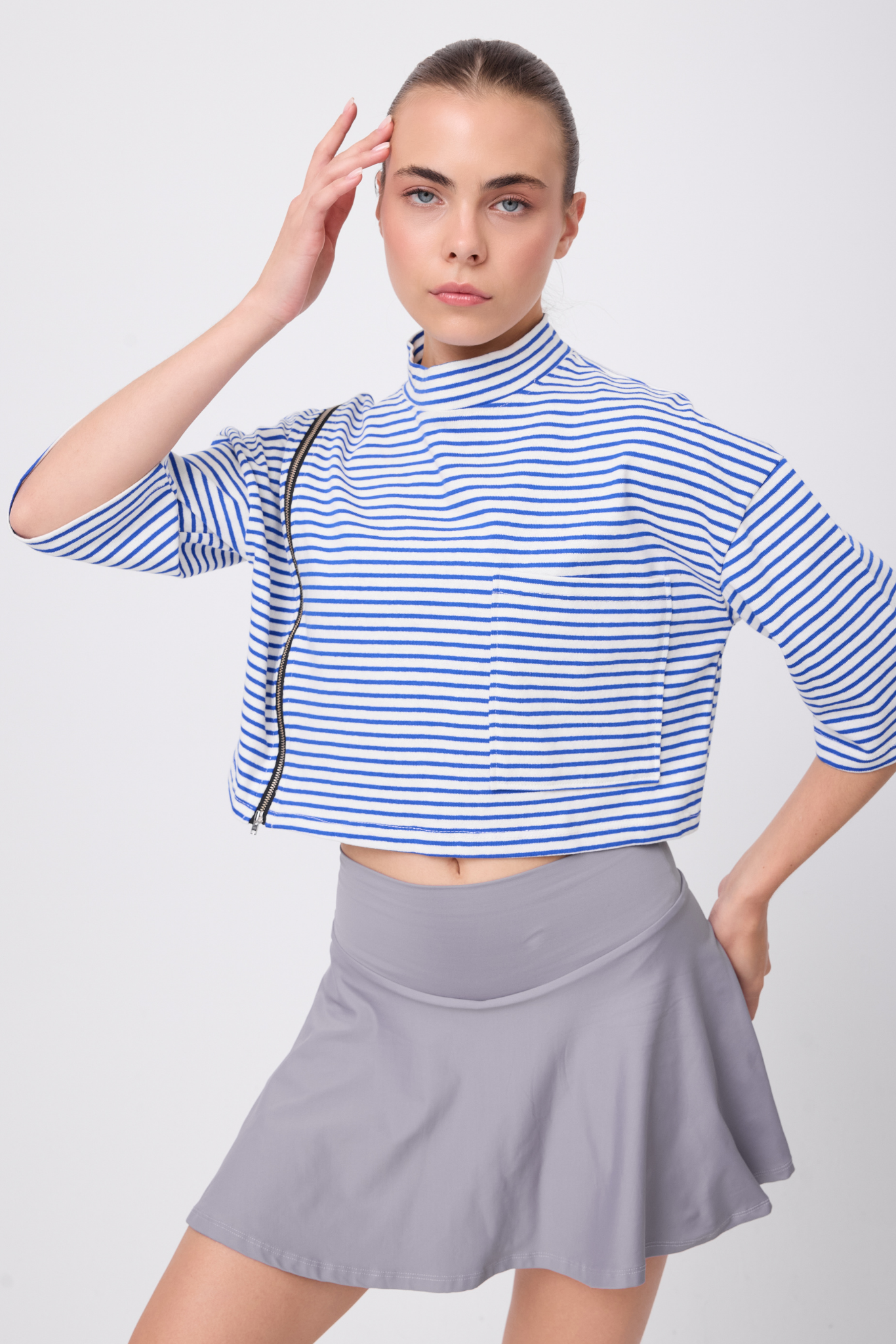 OCEAN TURTLENECK™ Tam Yan Fermuarlı Denizci Çizgili Orta Kollu Sweatshirt