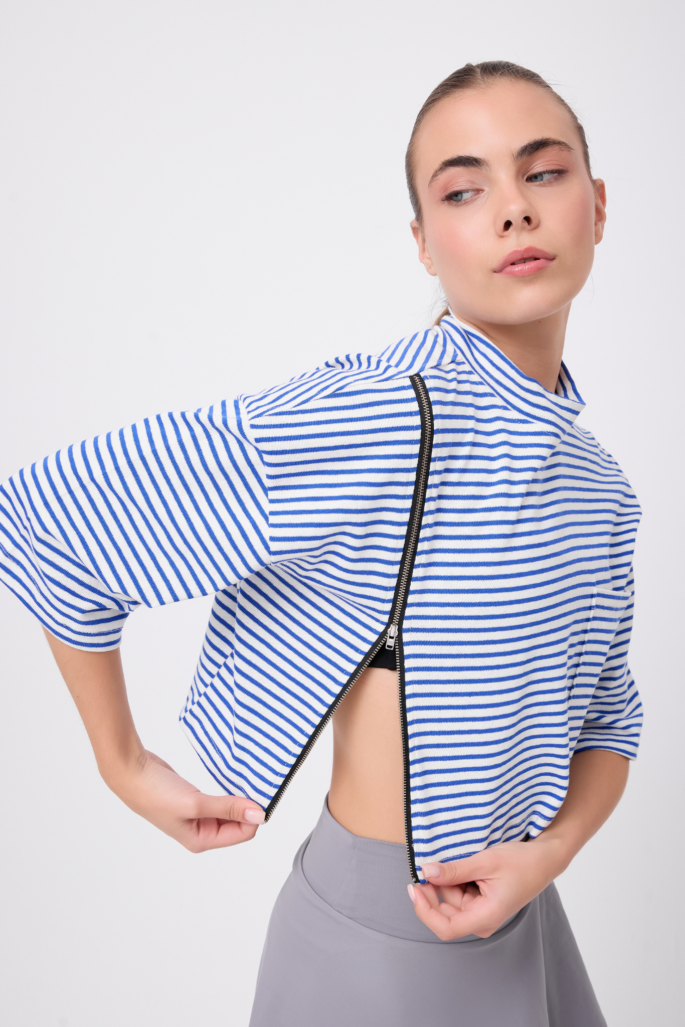 OCEAN TURTLENECK™ Tam Yan Fermuarlı Denizci Çizgili Orta Kollu Sweatshirt