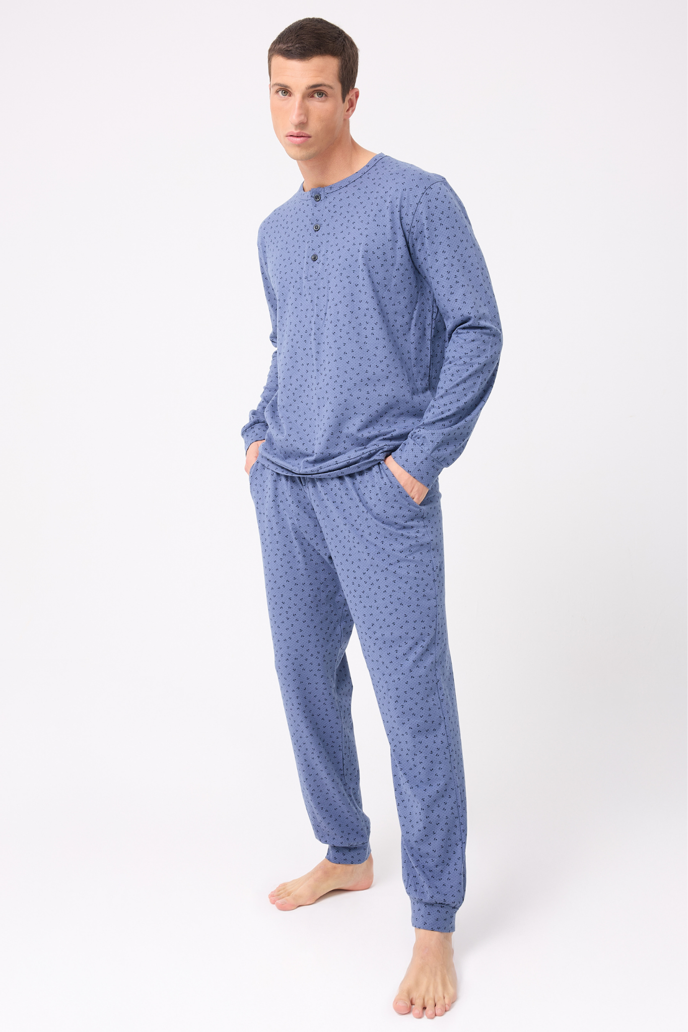 OceanRipple™ Premium Örme Pamuk Uzun Kollu Henley & Uzun Pantolonlu Erkek Pijama Takımı