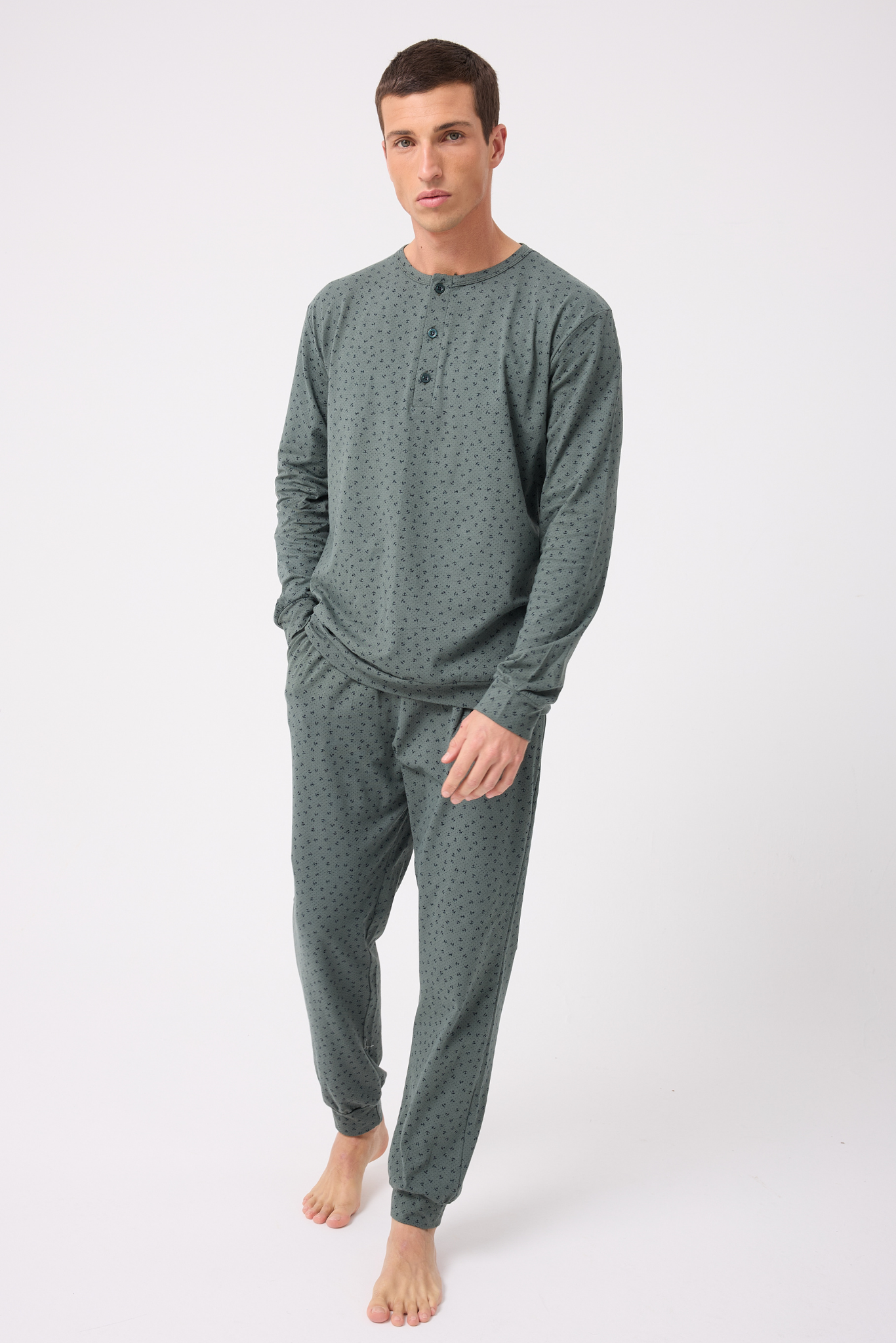 OceanRipple™ Premium Örme Pamuk Uzun Kollu Henley & Uzun Pantolonlu Erkek Pijama Takımı