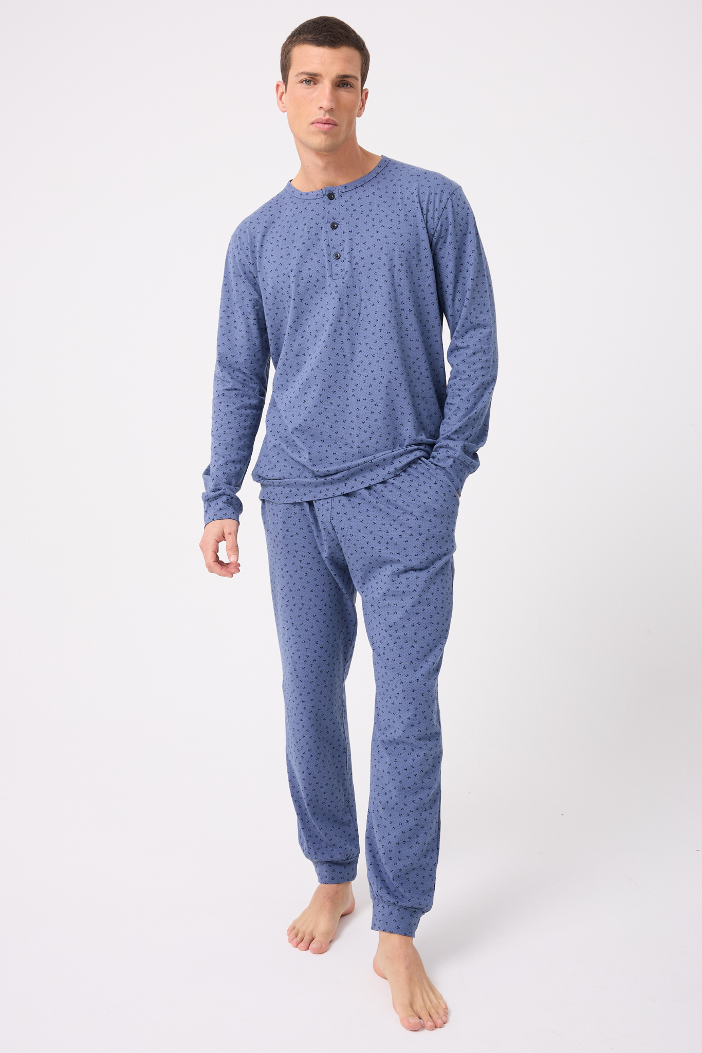 OceanRipple™ Premium Örme Pamuk Uzun Kollu Henley & Uzun Pantolonlu Erkek Pijama Takımı