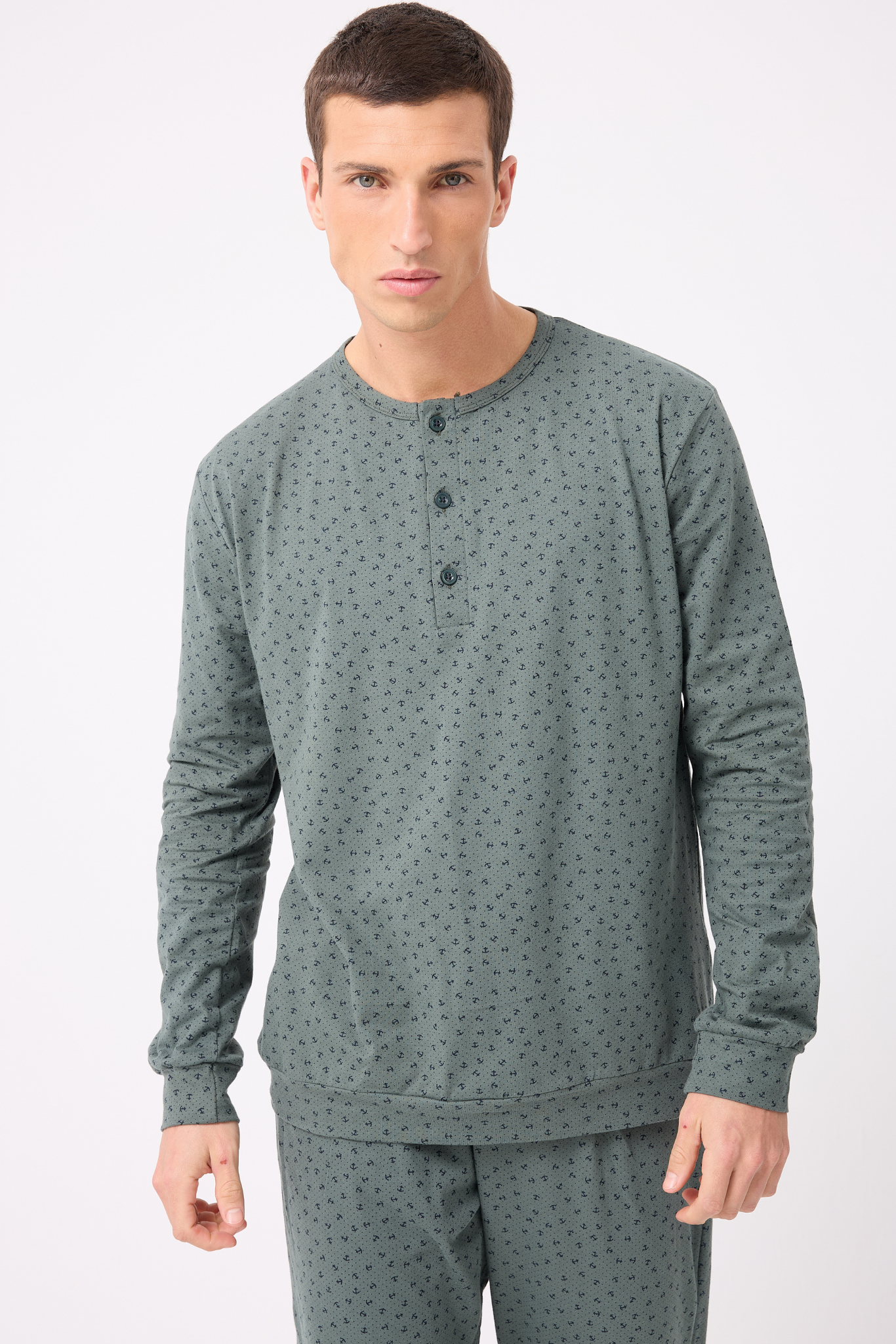 OceanRipple™ Premium Örme Pamuk Uzun Kollu Henley & Uzun Pantolonlu Erkek Pijama Takımı