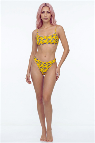 Akdeniz Gündoğumu ve Kılıç Balığı Desenli Premium Bandeau Bikini Üstü