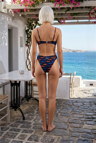 Akdeniz Suları Mavi & Kehribar Balık Desenli Premium Üçgen Bikini Altı