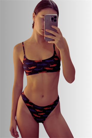 Akdeniz Suları Mavi & Kehribar Balık Desenli Premium Bandeau Bikini Üstü