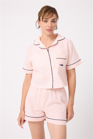 MARISILK™ Kadın Yazlık Şortlu Crop Gömlekli Pijama & Lounge Takımı