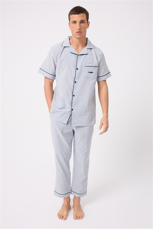 MARISILK™ SEASTRIPE Erkek Dokuma Yazlık Kısa Kollu Pantolonlu Pijama & Lounge Takımı