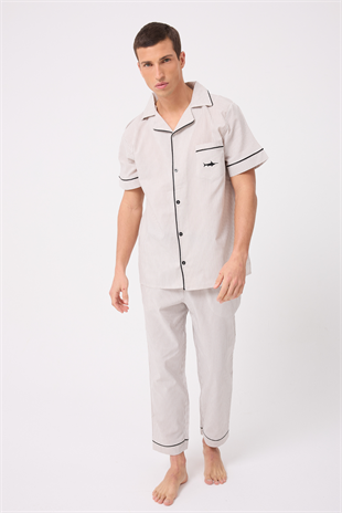 MARISILK™ SEASTRIPE Erkek Dokuma Yazlık Kısa Kollu Pantolonlu Pijama & Lounge Takımı