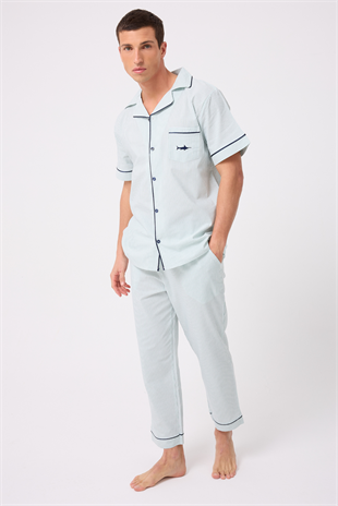 MARISILK™ SEASTRIPE Erkek Dokuma Yazlık Kısa Kollu Pantolonlu Pijama & Lounge Takımı Takımı