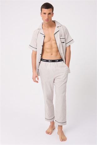MARISILK™ SEASTRIPE Erkek Dokuma Yazlık Kısa Kollu Pantolonlu Pijama & Lounge Takımı